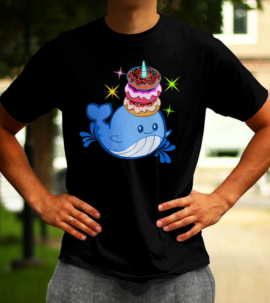 Cute Narwhal Balancing Colorful Donuts T-Shirt