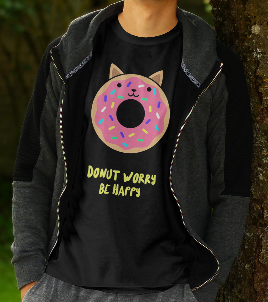 Kawaii Japanese Anime Pink Sprinkle Cat Donut Worry Be Happy T-Shirt