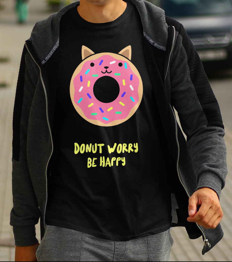 Kawaii Japanese Anime Pink Sprinkle Cat Donut Worry Be Happy T-Shirt
