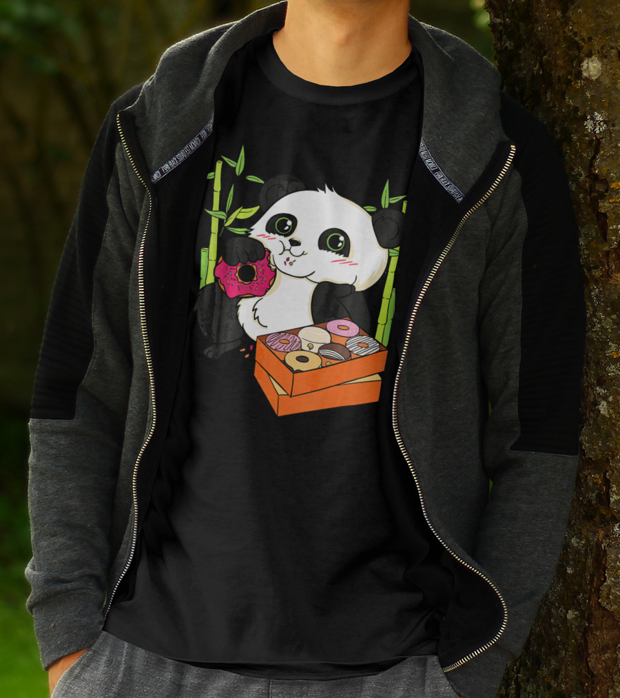 Panda Enjoying Box Of Colorful Donuts With Bamboo Background T-Shirt