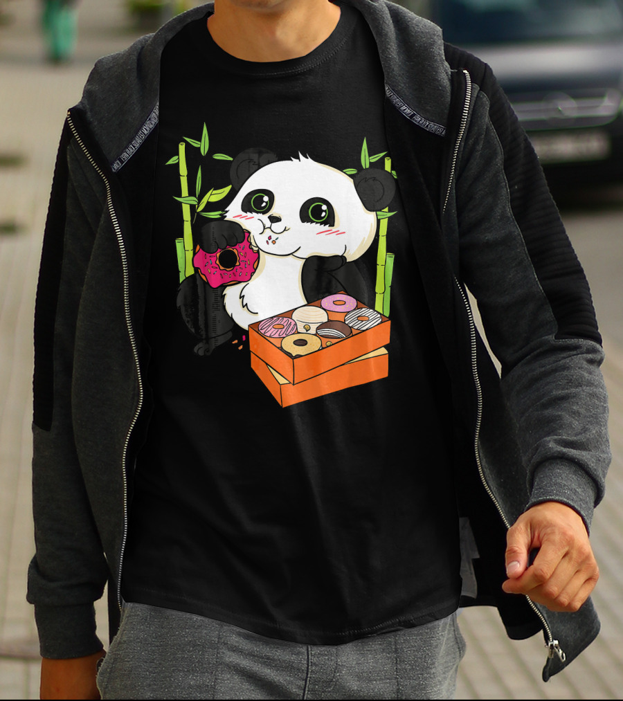 Panda Enjoying Box Of Colorful Donuts With Bamboo Background T-Shirt
