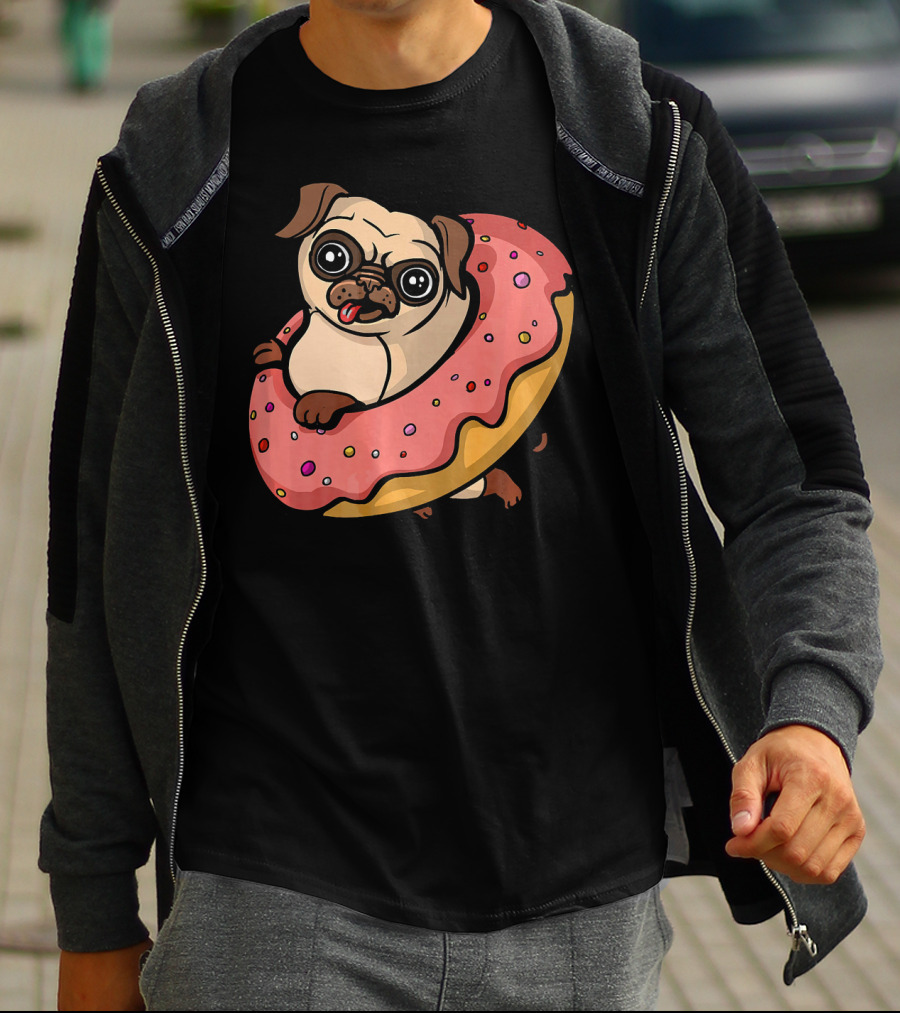 Pug Dog With Pink Frosted Donut Lover T-Shirt