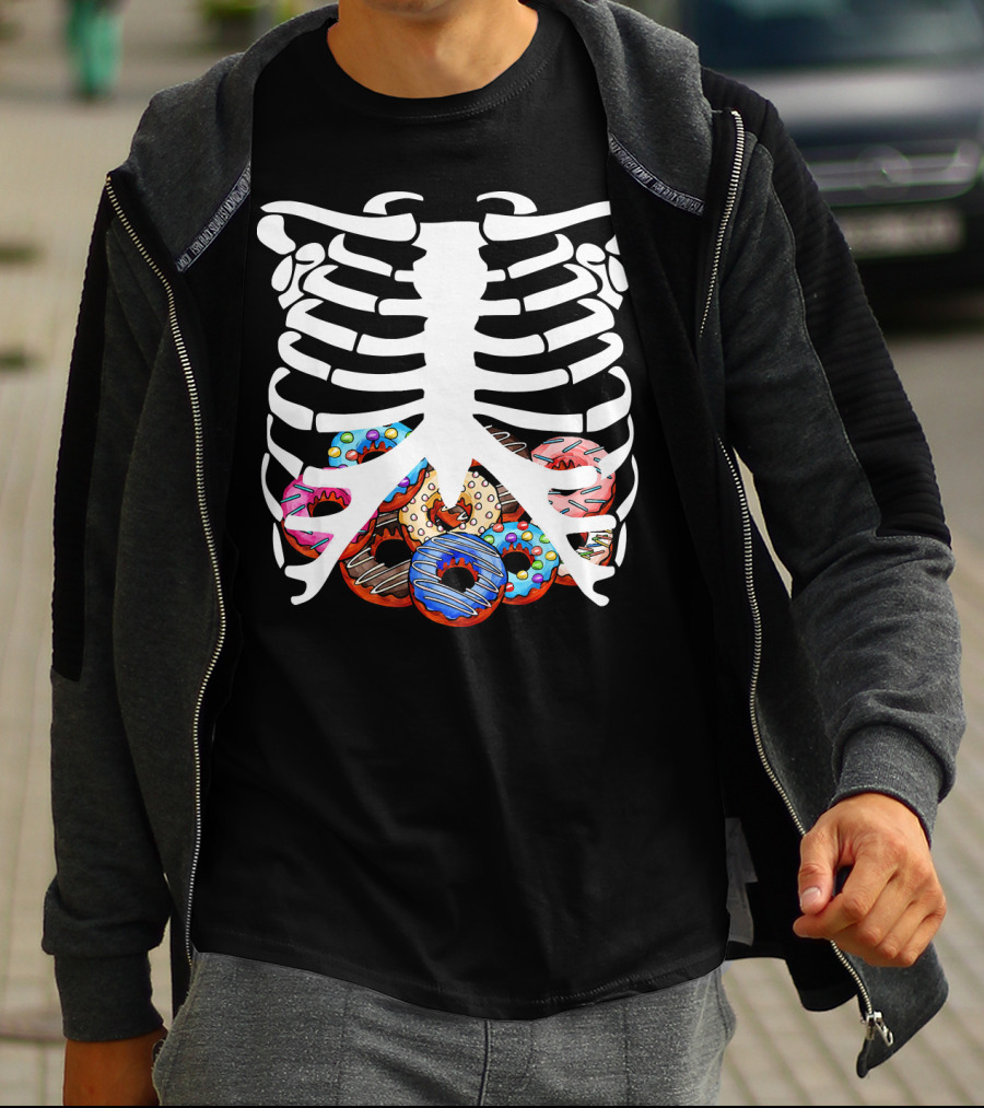Halloween Skeleton Ribcage With Colorful Donut Food T-Shirt