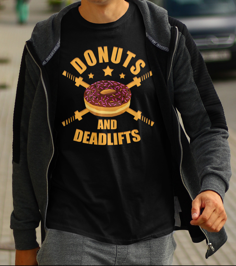 Donuts And Deadlifts Funny Workout Doughnut With Barbell Crossed T-Shirt