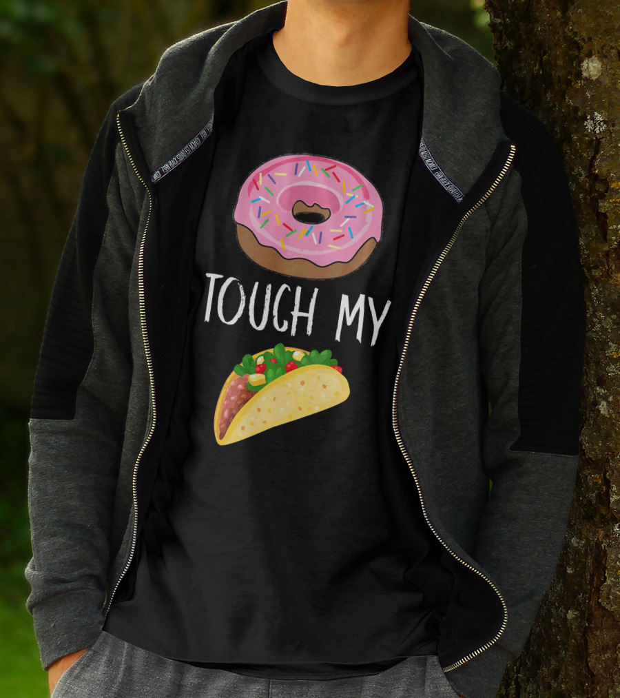 Donut Touch My Taco Tuesday Funny Pun With Pink Frosted Donut And Taco Icons T-Shirt