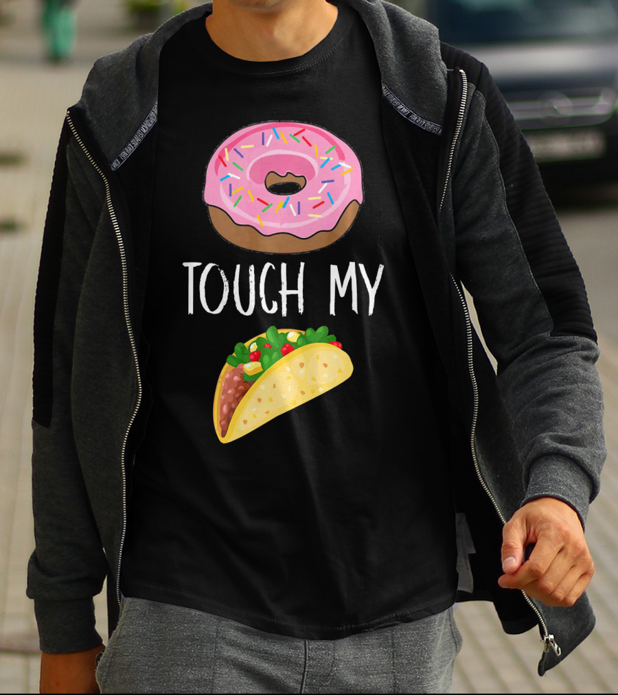 Donut Touch My Taco Tuesday Funny Pun With Pink Frosted Donut And Taco Icons T-Shirt
