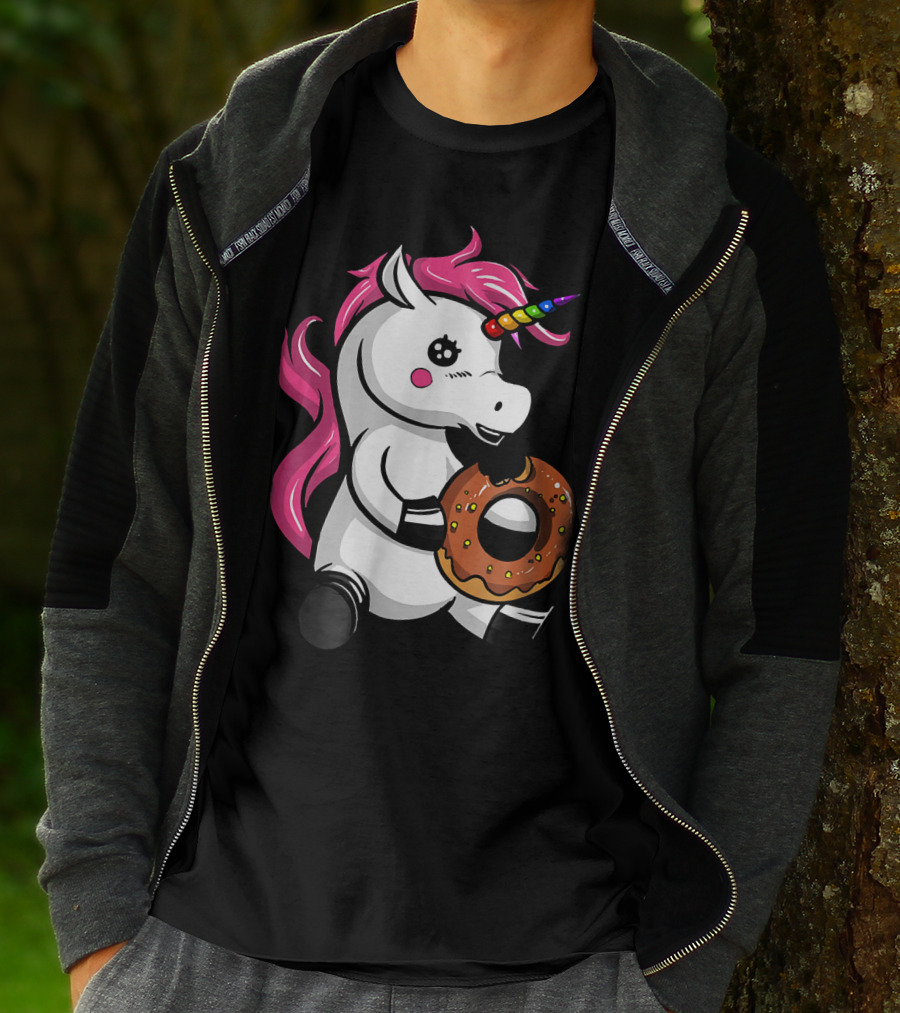 Magical Unicorn With Rainbow Horn Enjoying Chocolate Donut T-Shirt