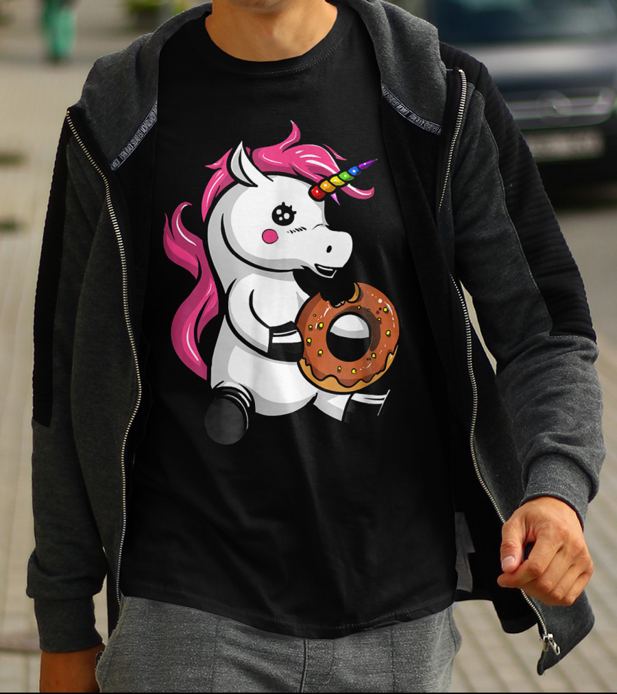 Magical Unicorn With Rainbow Horn Enjoying Chocolate Donut T-Shirt