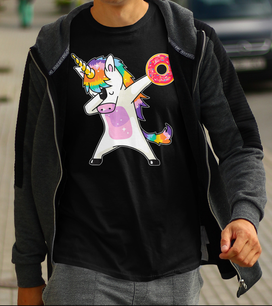 Cute Dabbing Rainbow Unicorn Holding Doughnut Donut T-Shirt