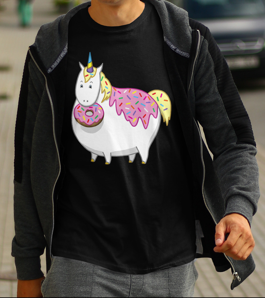Funny Cute Fat Unicorn With Pink Frosting Doughnut T-Shirt