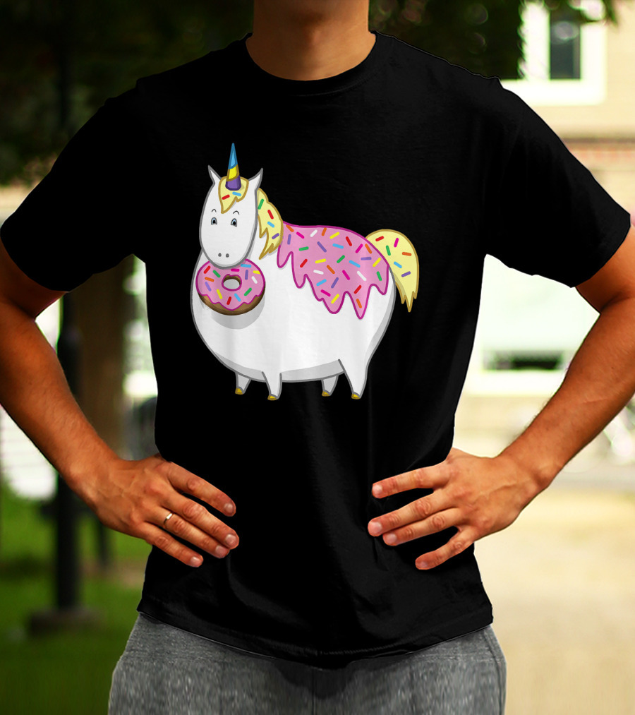 Funny Cute Fat Unicorn With Pink Frosting Doughnut T-Shirt