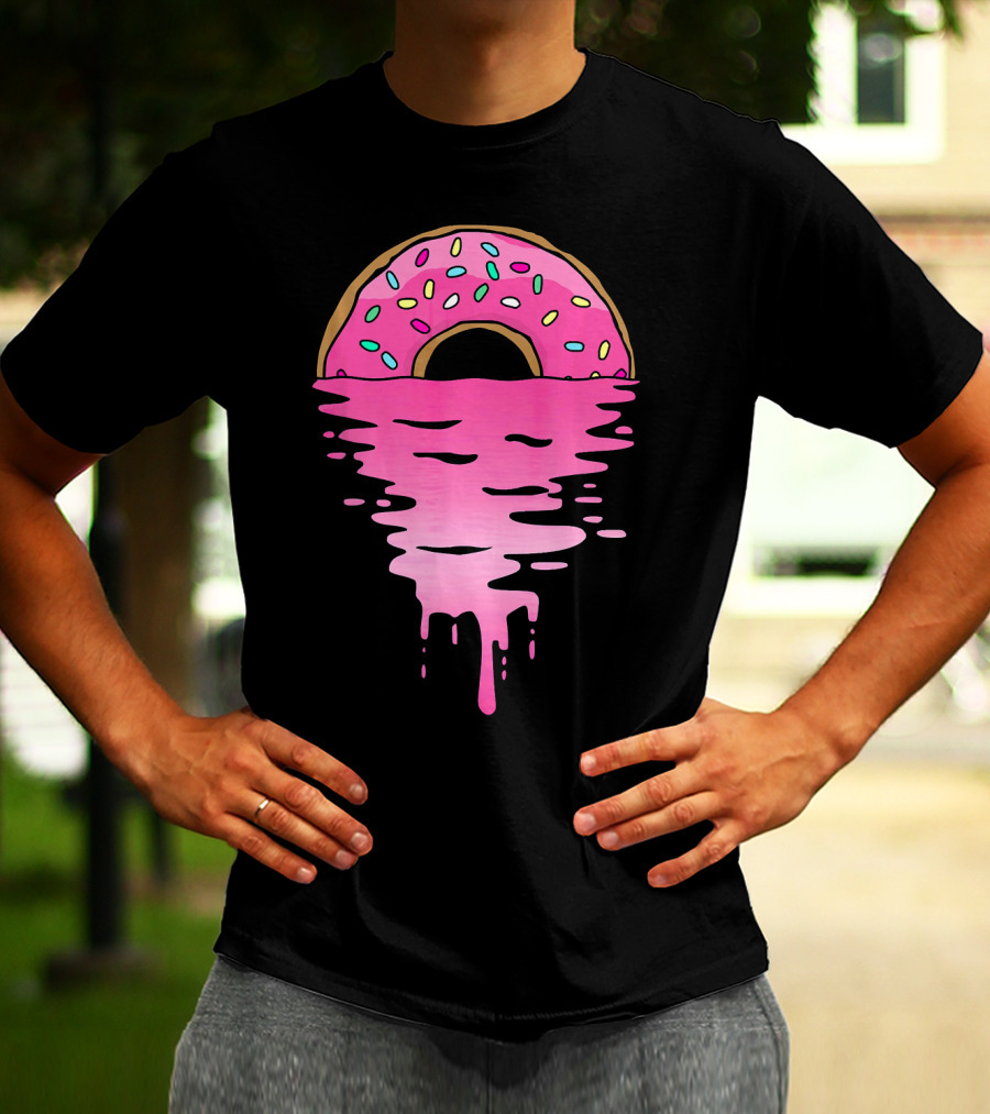 Pink Glazed Donut Melting Into Sunset Horizon T-Shirt