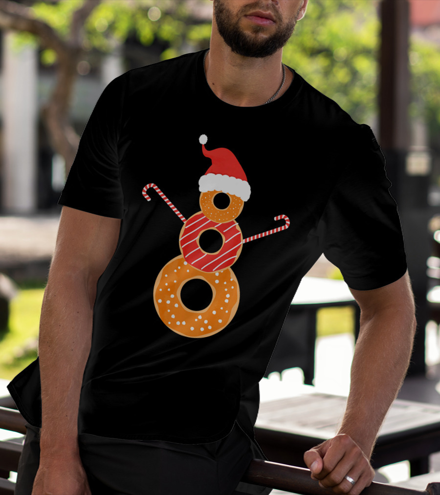 Santa Hat Donuts Doughnut Snowman With Candy Cane Arms T-Shirt