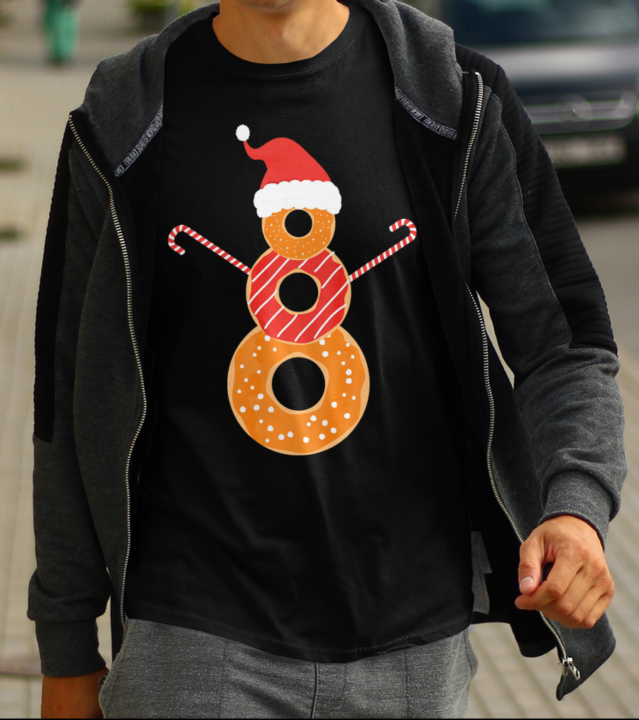 Santa Hat Donuts Doughnut Snowman With Candy Cane Arms T-Shirt