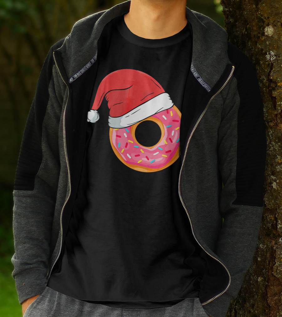 Santa Hat On Sprinkled Donut Holiday Humor T-Shirt