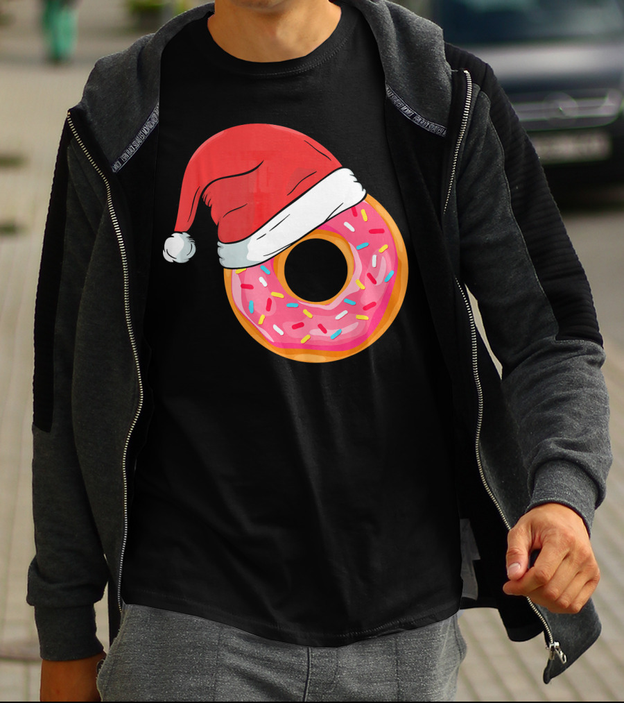 Santa Hat On Sprinkled Donut Holiday Humor T-Shirt