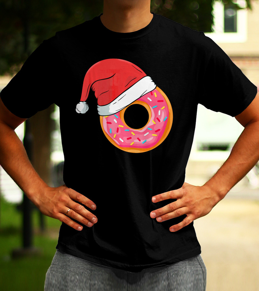 Santa Hat On Sprinkled Donut Holiday Humor T-Shirt