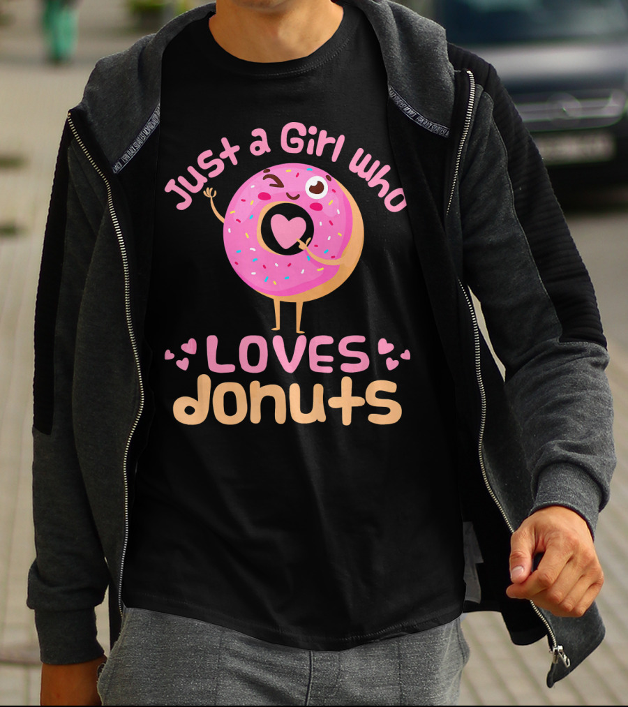 Just A Girl Who Loves Donuts Happy Pink Sprinkled Donut With Heart T-Shirt