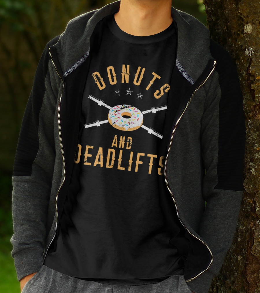 Donuts And Deadlifts Funny Workout Motivation With Sprinkled Doughnut And Barbells T-Shirt