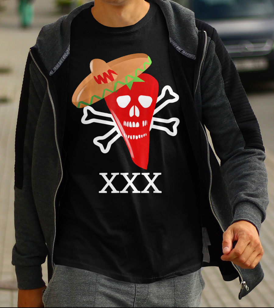 Funny Red Hot Chili Pepper Sombrero Skull Crossbones XXX T-Shirt