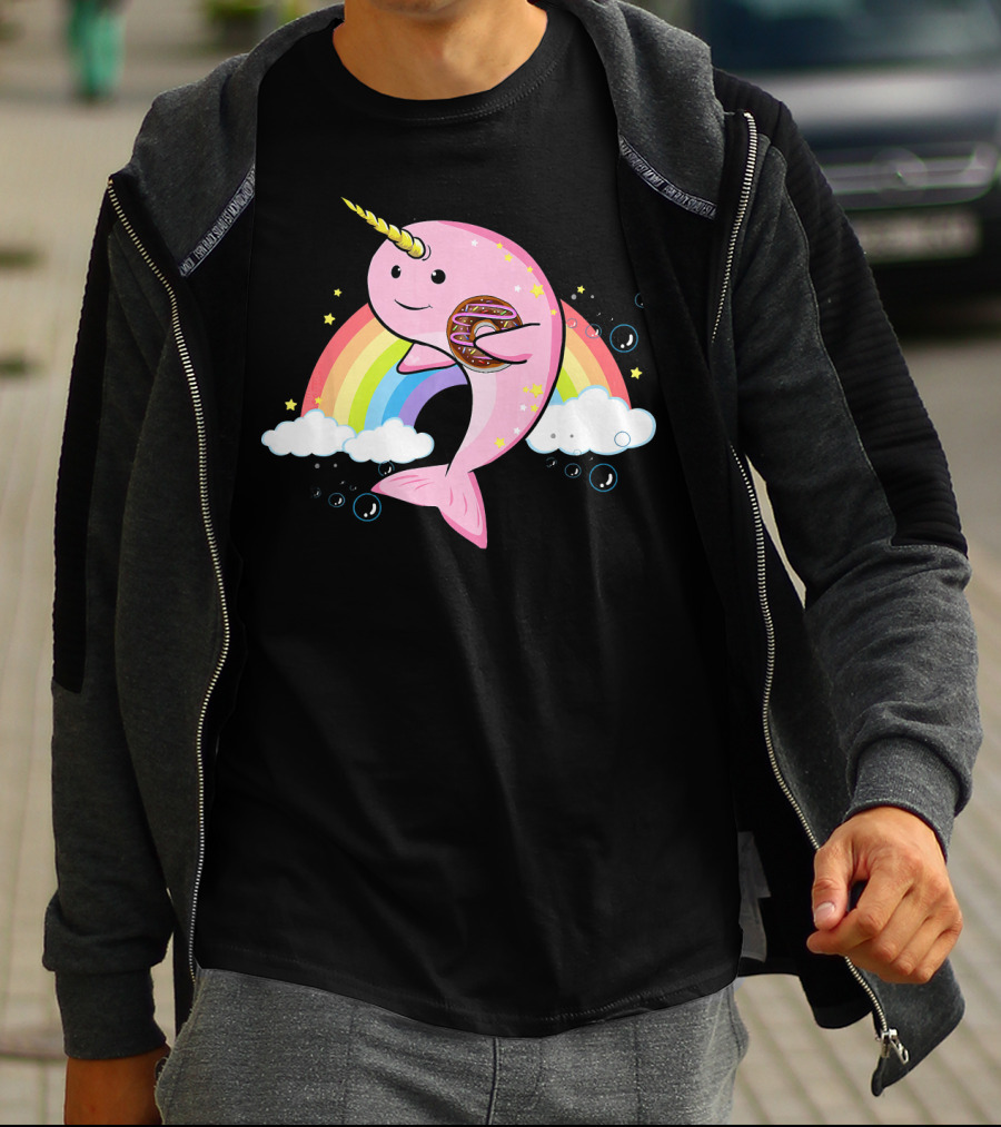 Funny Narwhal Unicorn Of The Sea With Donut On Rainbow Cloud T-Shirt