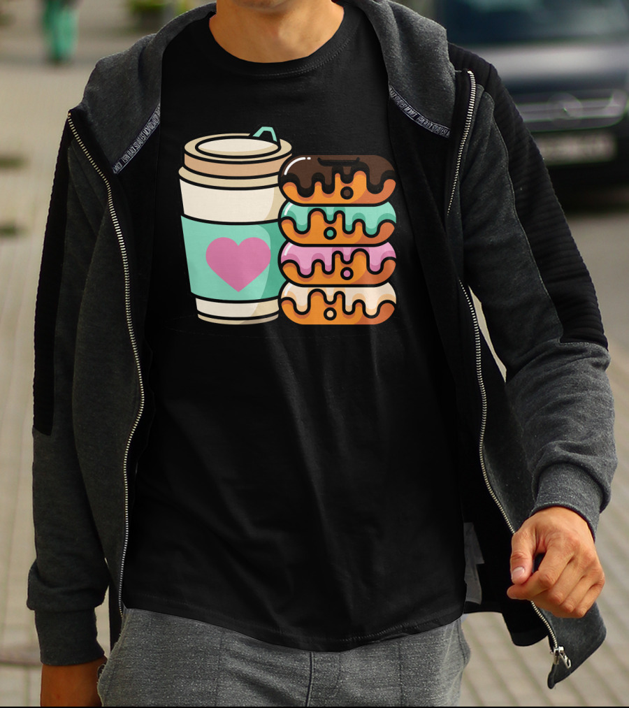 Coffee Donut Lover Heart Stack Doughnut T-Shirt