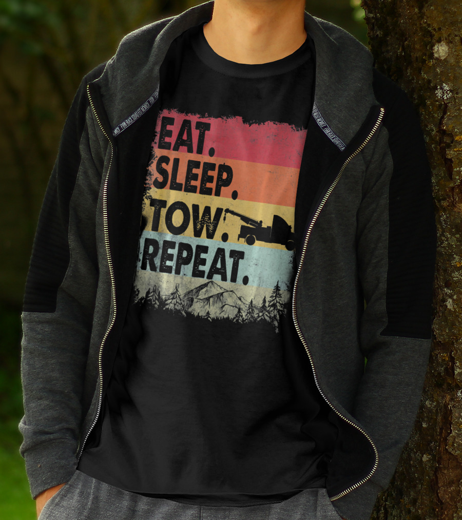 Eat Sleep Tow Repeat Funny Tow Truck Vintage Sunset Mountains Forest T-Shirt