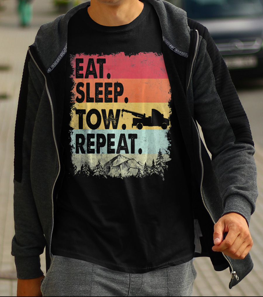 Eat Sleep Tow Repeat Funny Tow Truck Vintage Sunset Mountains Forest T-Shirt