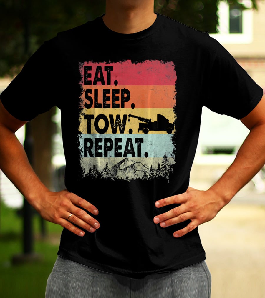 Eat Sleep Tow Repeat Funny Tow Truck Vintage Sunset Mountains Forest T-Shirt