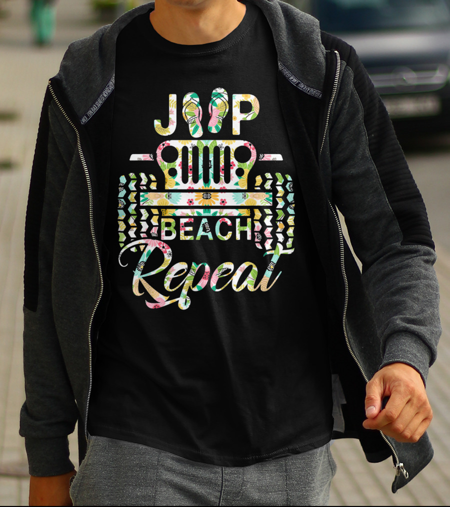 Jeep Beach Repeat Summer Flip Flop Flower T-Shirt