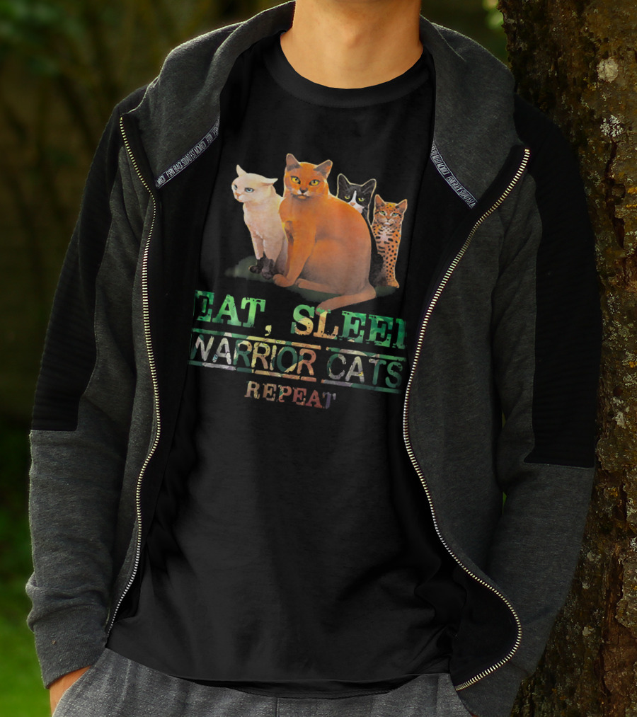 Eat Sleep Warrior Cats Repeat Funny Cat Illustration With Four Colorful Feline Characters T-Shirt