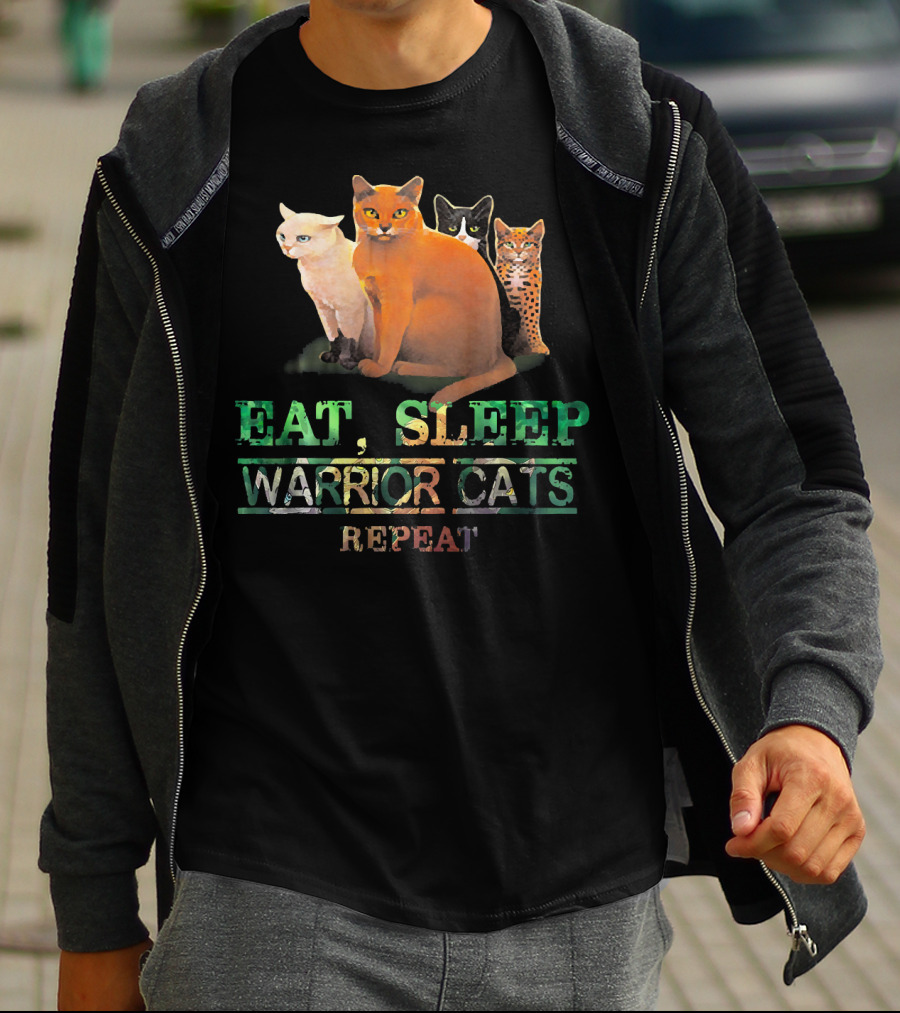 Eat Sleep Warrior Cats Repeat Funny Cat Illustration With Four Colorful Feline Characters T-Shirt