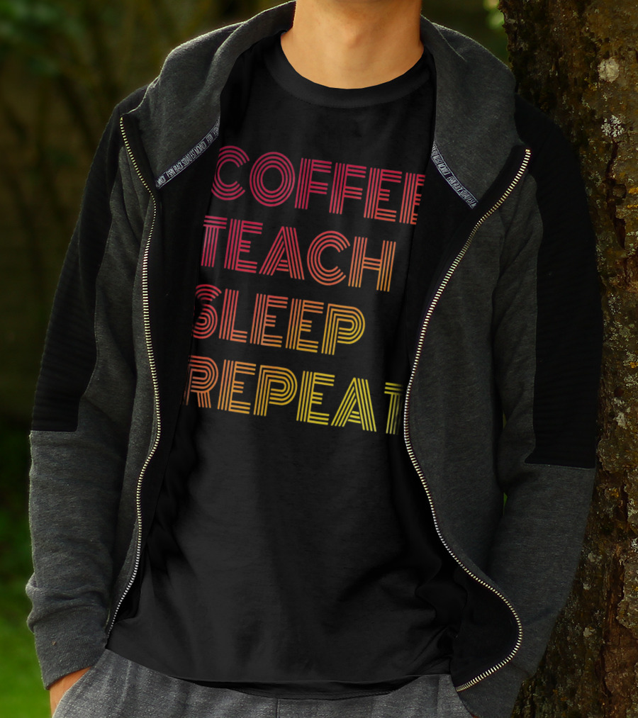 Coffee Teach Sleep Repeat Gradient Stripe Text T-Shirt
