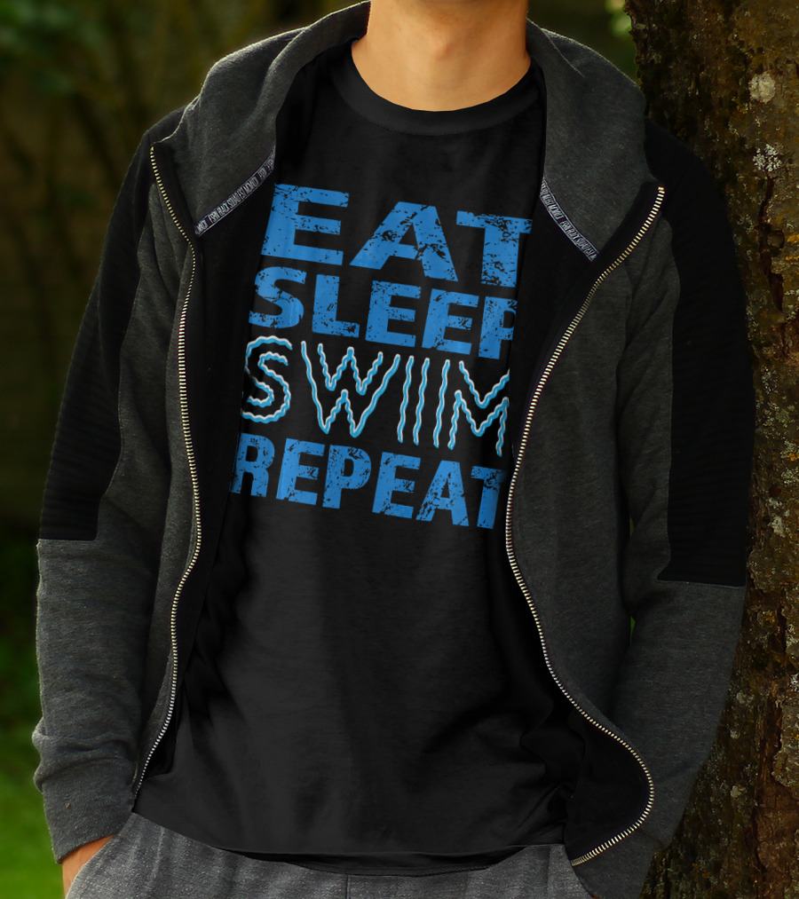 Eat Sleep Swim Repeat Wavy Text Blue T-Shirt