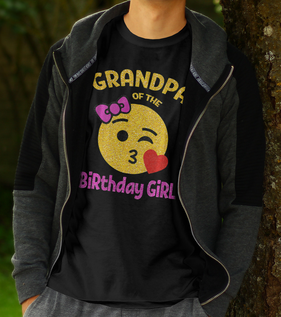 Grandpa Of The Birthday Girl Glitter Emoji Pink Bow Heart Kiss T-Shirt