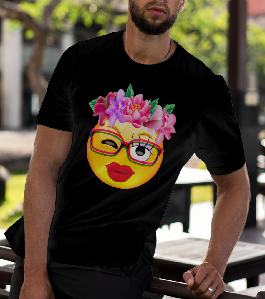 Emoji Face Smiley Emoticon Nerd Winking Glasses And Flower Crown T-Shirt