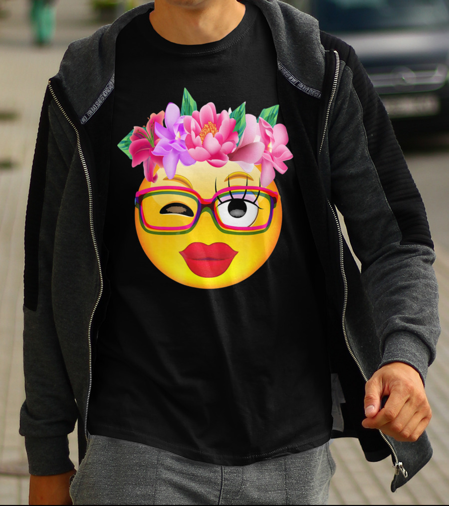 Emoji Face Smiley Emoticon Nerd Winking Glasses And Flower Crown T-Shirt
