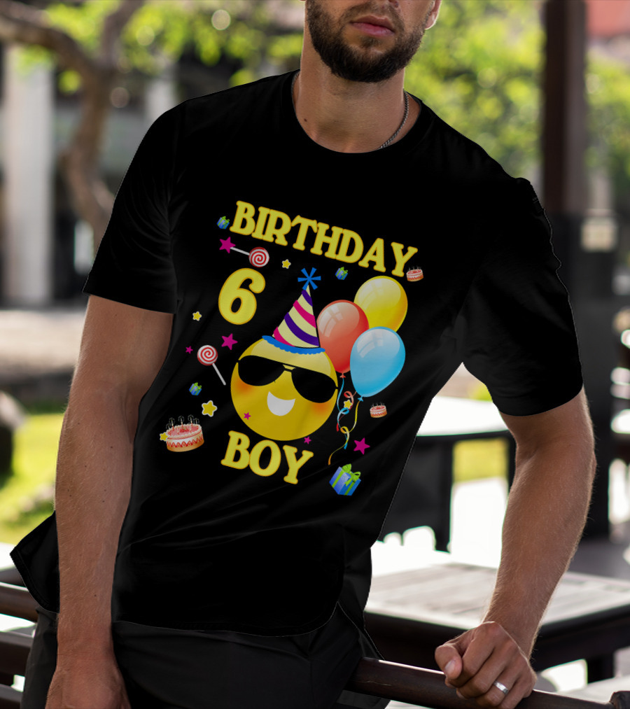 Birthday 6 Boy Emoji With Party Hat And Balloons T-Shirt
