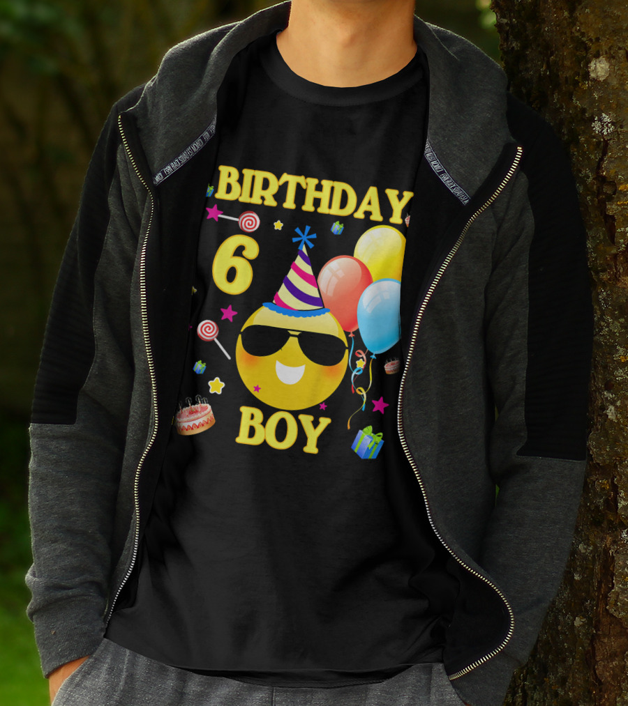 Birthday 6 Boy Emoji With Party Hat And Balloons T-Shirt