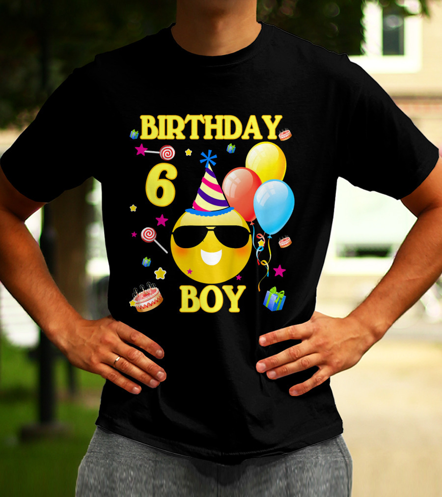 Birthday 6 Boy Emoji With Party Hat And Balloons T-Shirt