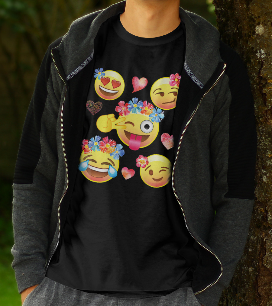 Cute Emoji Flower Crowns Heart Eyes Wink Tongue Out Laughing Crying Hearts T-Shirt