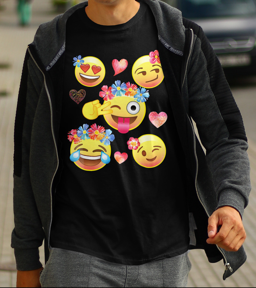Cute Emoji Flower Crowns Heart Eyes Wink Tongue Out Laughing Crying Hearts T-Shirt