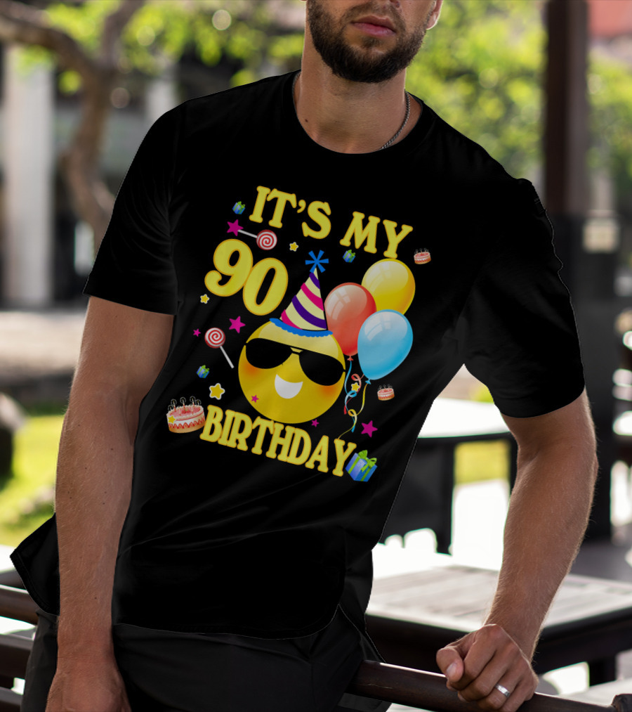 It's My 90 Birthday Cute Emoji Cake Balloons Party Hat T-Shirt