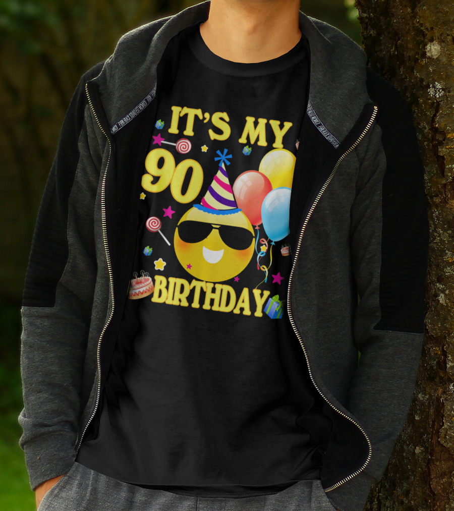 It's My 90 Birthday Cute Emoji Cake Balloons Party Hat T-Shirt