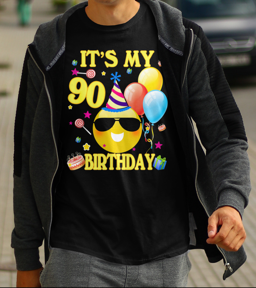 It's My 90 Birthday Cute Emoji Cake Balloons Party Hat T-Shirt