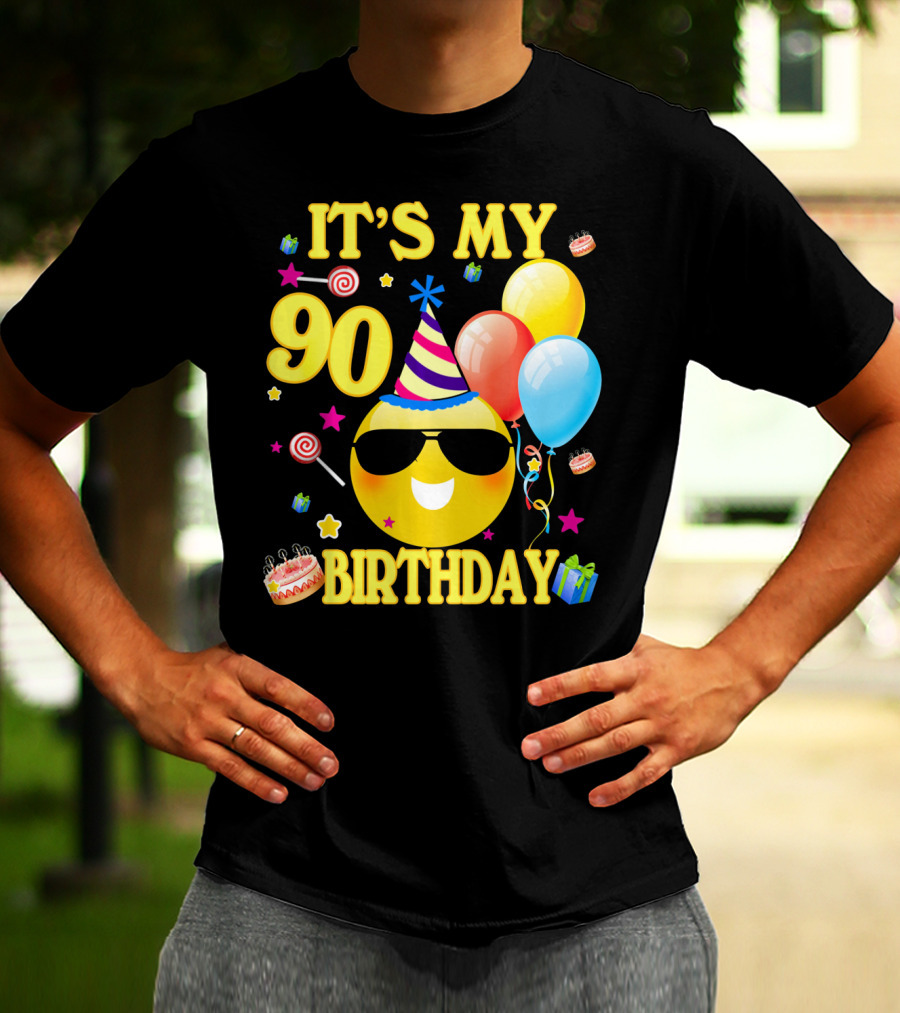 It's My 90 Birthday Cute Emoji Cake Balloons Party Hat T-Shirt