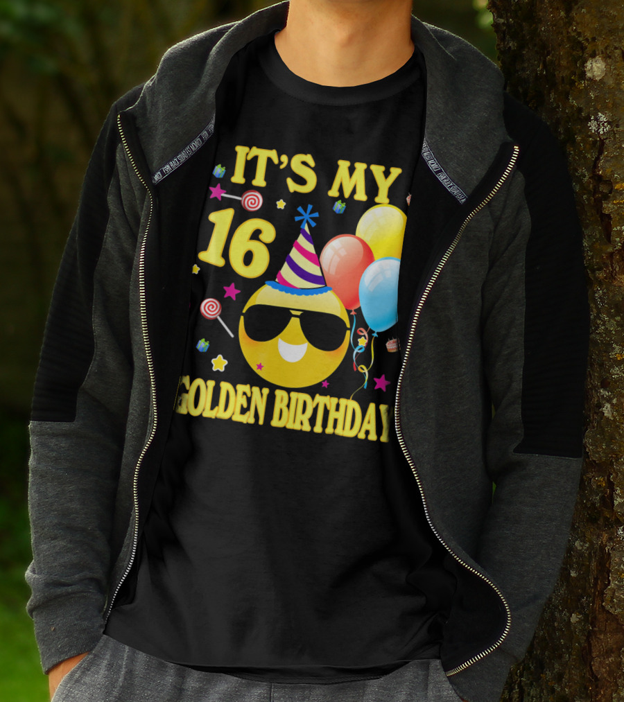 It's My 16 Golden Birthday Emoji Balloons Party Hat T-Shirt