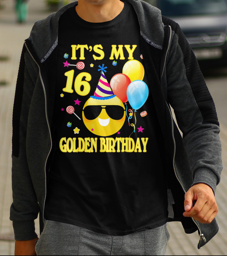 It's My 16 Golden Birthday Emoji Balloons Party Hat T-Shirt