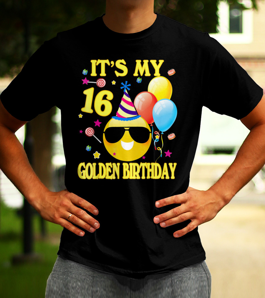 It's My 16 Golden Birthday Emoji Balloons Party Hat T-Shirt
