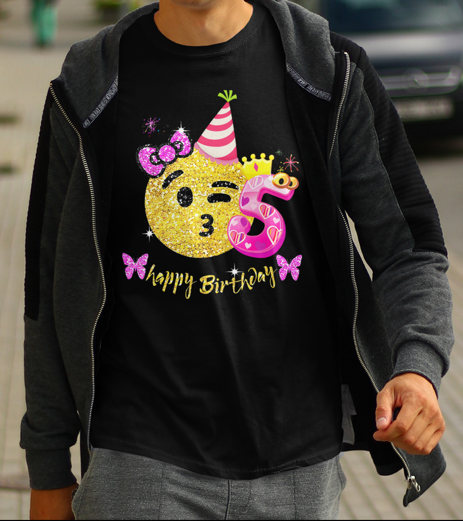 Happy Birthday Five Years Emoji Glitter T-Shirt